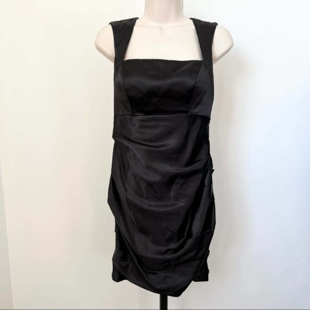 Hailey Adrianna Papell black satin dress zipper back cut out mini LBD ruched 7/8